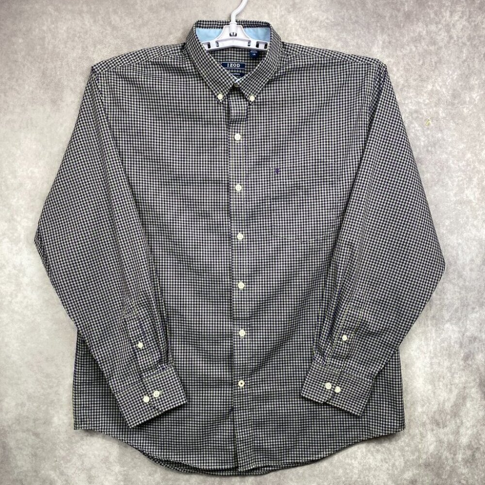 IZOD Button Down Shirt Mens Large Purple Green Gingham Plaid Non-Iron Stretch